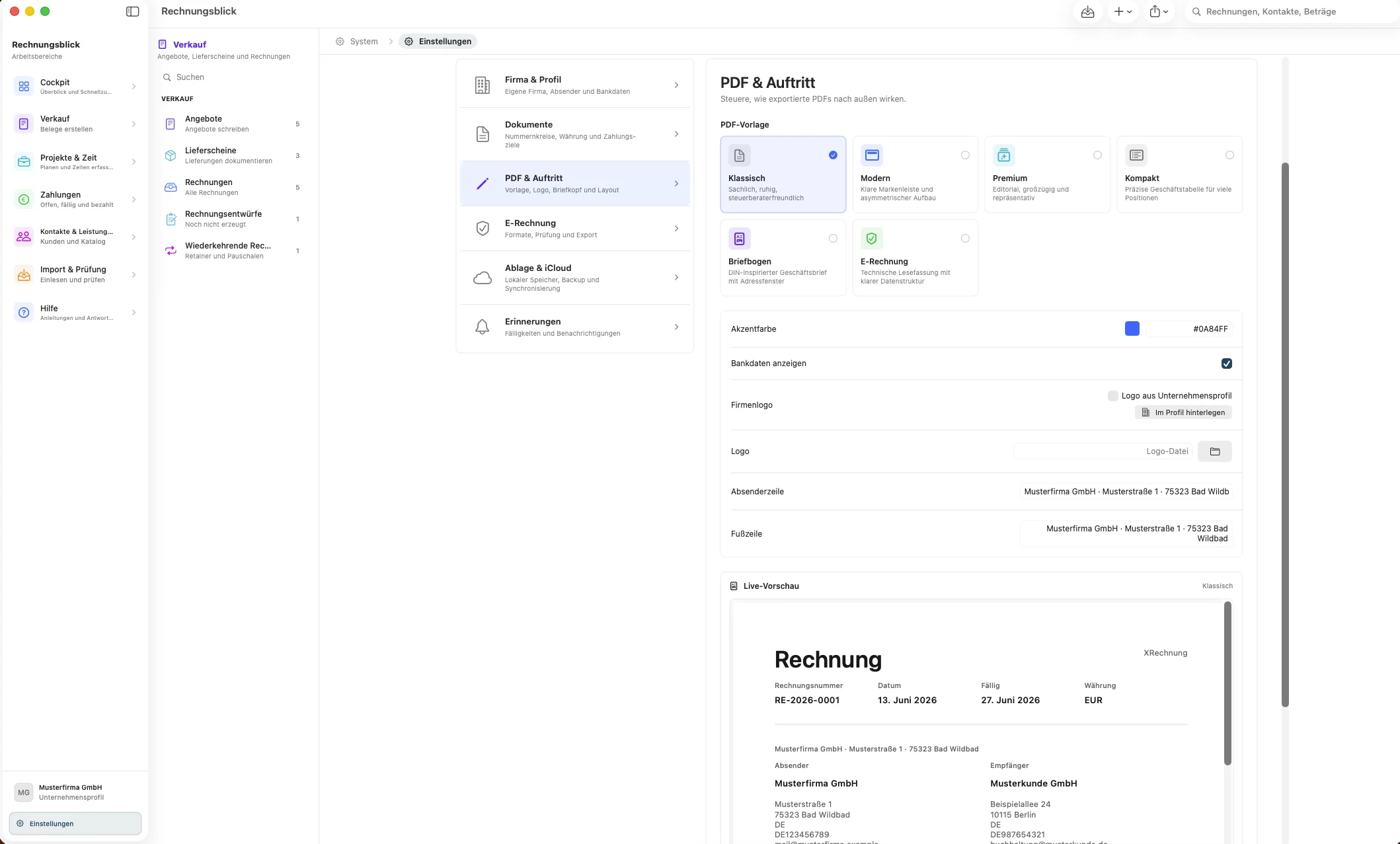 Einstellungen für PDF-Layouts und Firmenauftritt