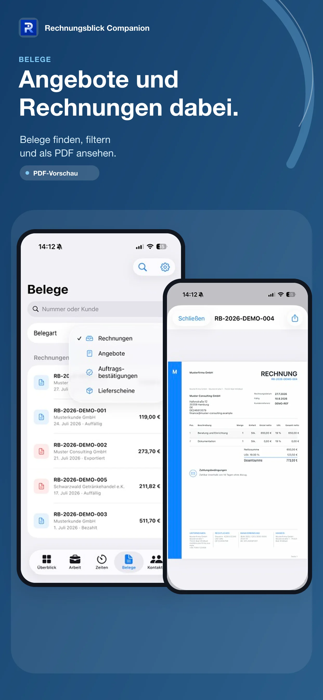 Belege und PDF-Vorschau in Rechnungsblick Companion
