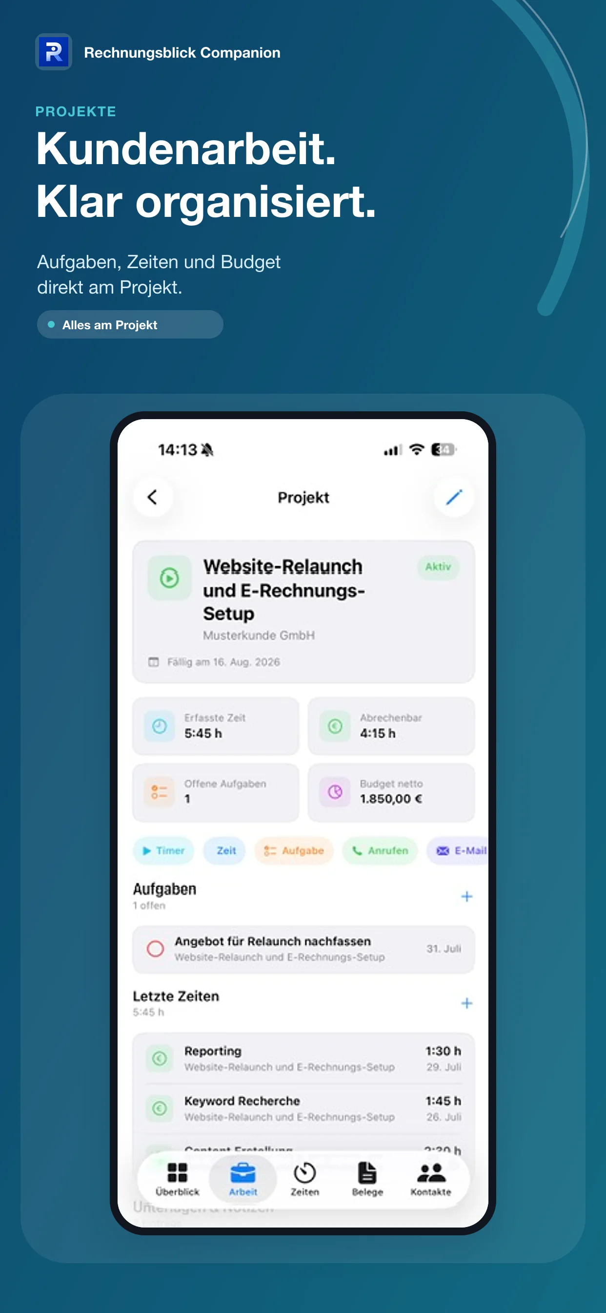 Projektansicht mit Aufgaben und Zeiten auf dem iPhone