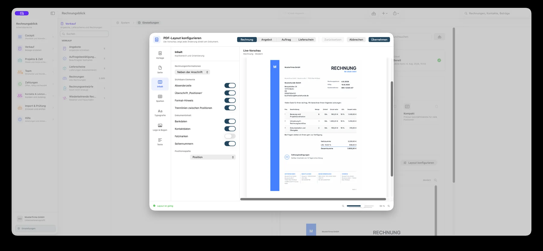 PDF-Layout-Editor mit Live-Vorschau und sichtbaren Dokumentelementen