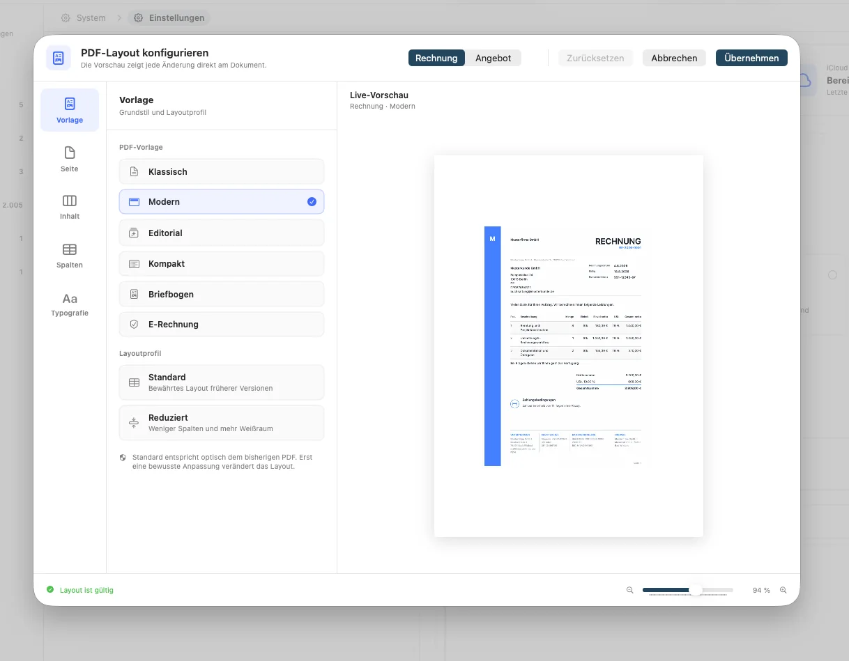 PDF-Vorlagen und Layoutprofile im Editor auswählen
