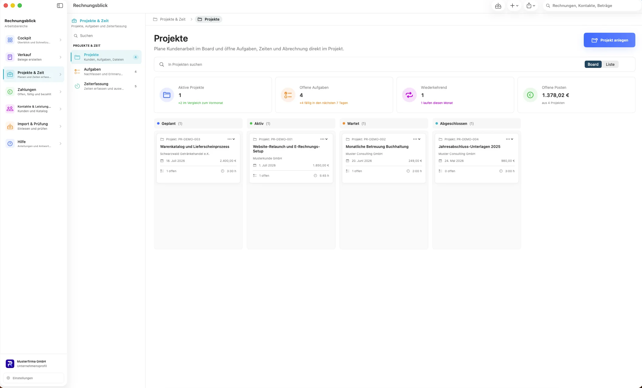 Projektübersicht als Kanban-Board in Rechnungsblick