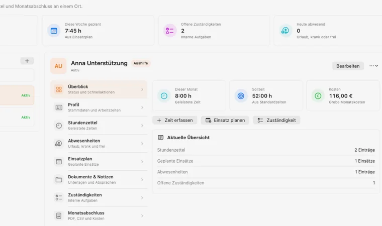 Teamdetail mit Stundenzettel, Sollzeit, Kosten und Monatsabschluss