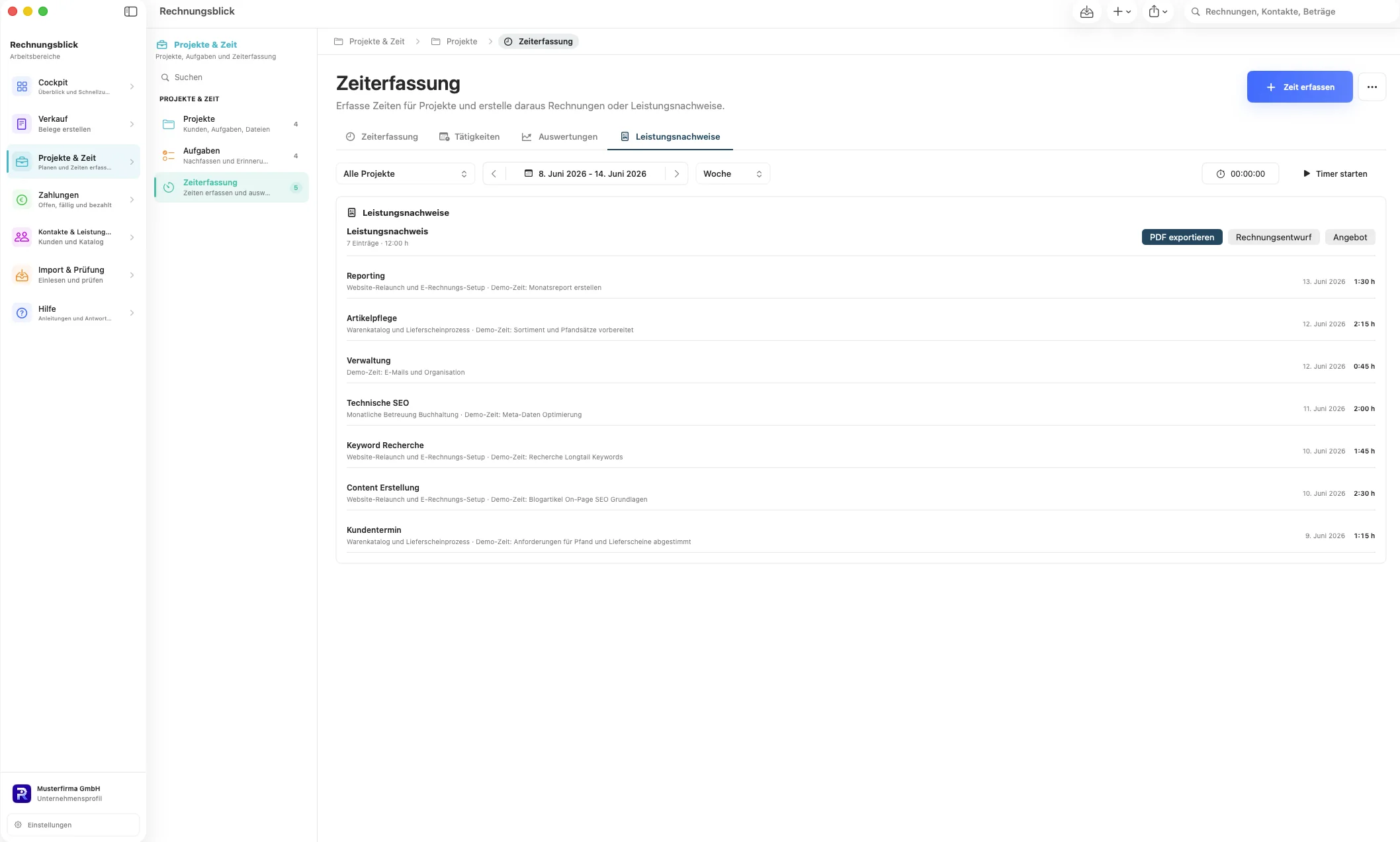 Leistungsnachweis aus erfassten Projektzeiten