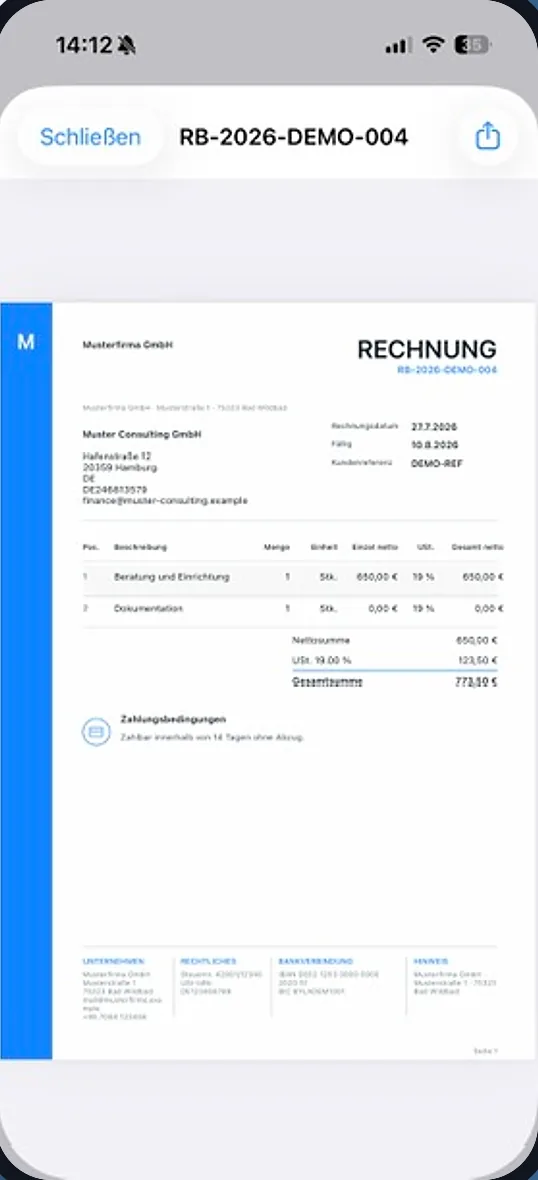 Belege & PDF in Rechnungsblick Companion