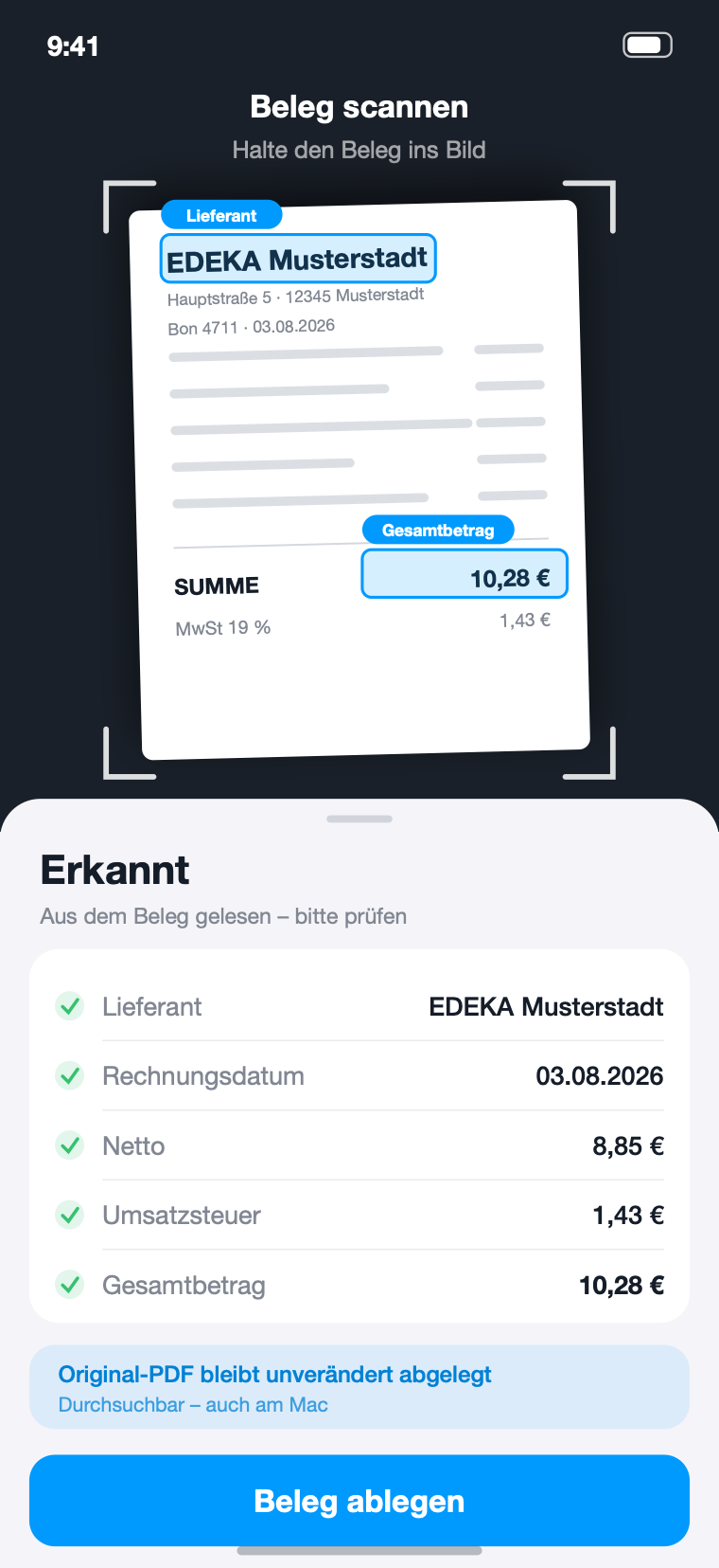 Beleg scannen und automatisch erkennen in Rechnungsblick Companion