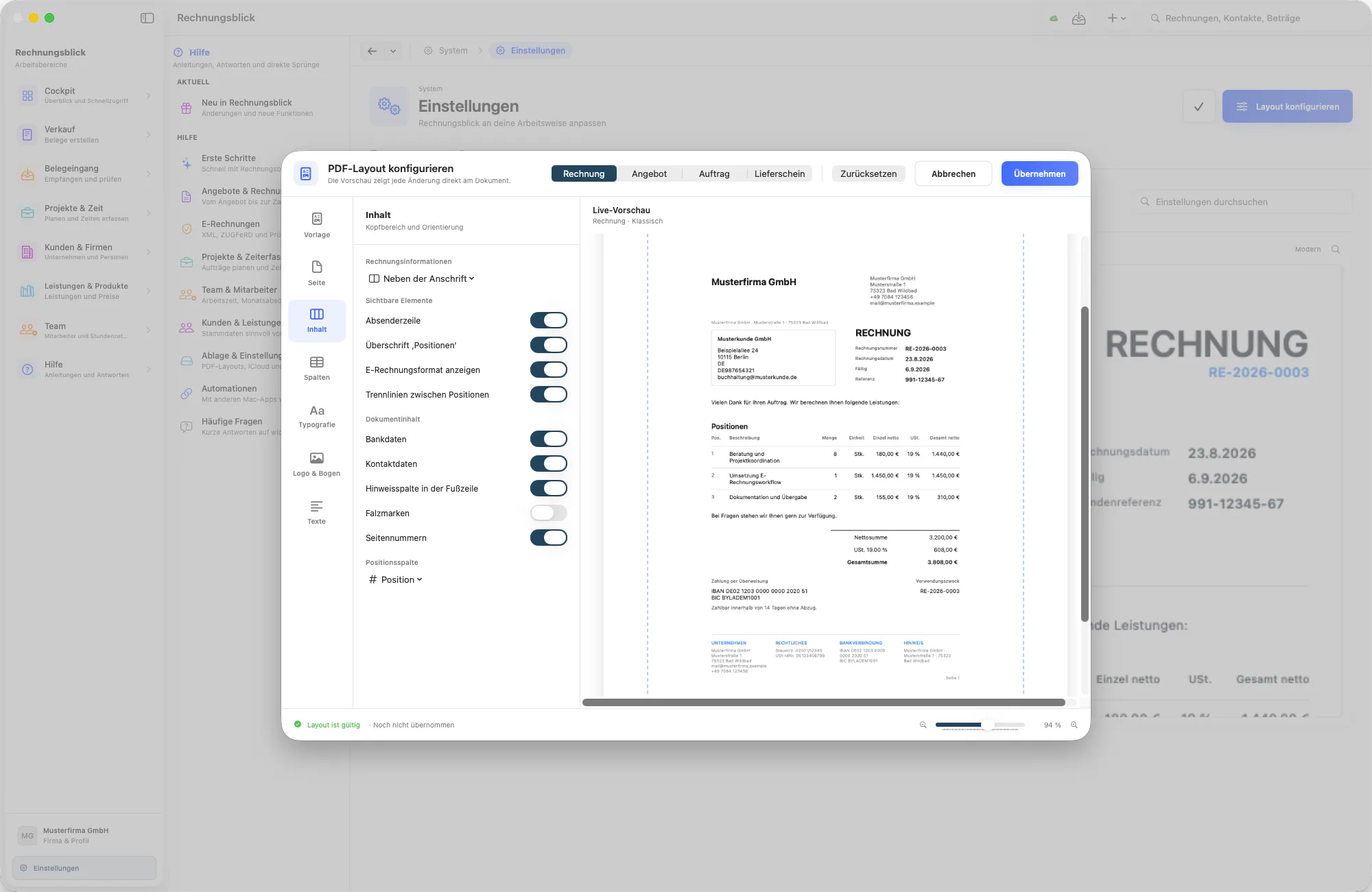 Inhaltseinstellungen des PDF-Layouts mit Schaltern je Element