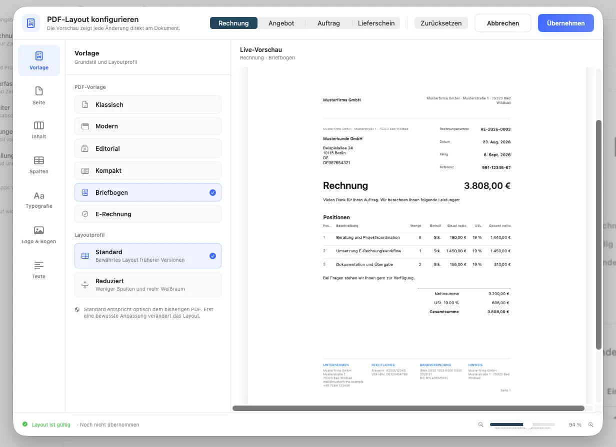 PDF-Vorlage Briefbogen in der Live-Vorschau des Layout-Editors