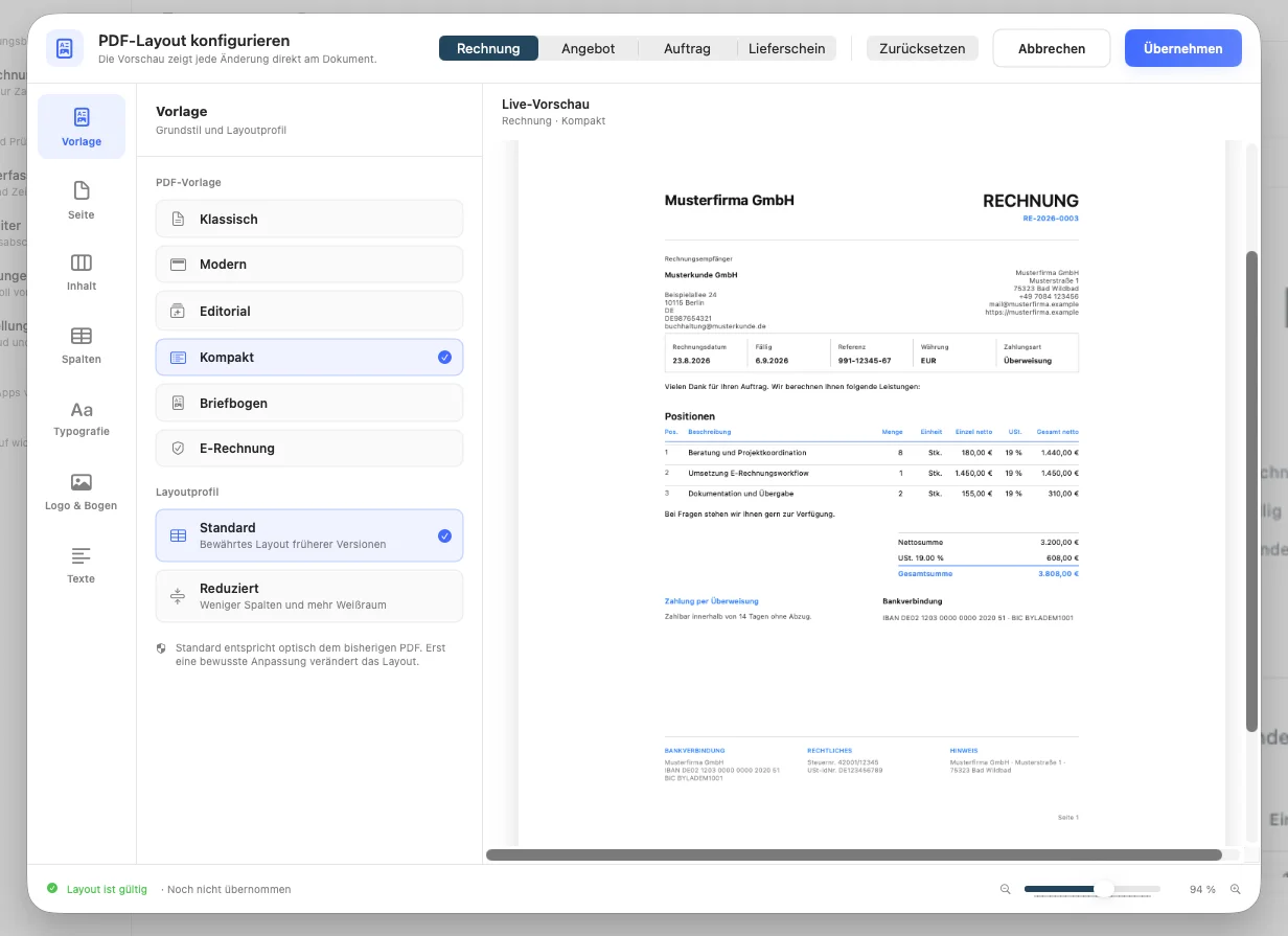 PDF-Vorlage Kompakt in der Live-Vorschau des Layout-Editors