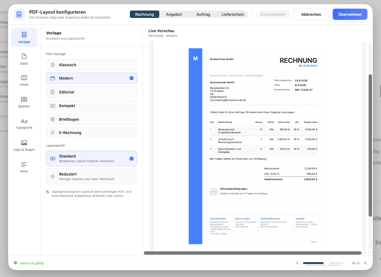 PDF-Vorlage Modern in der Live-Vorschau des Layout-Editors
